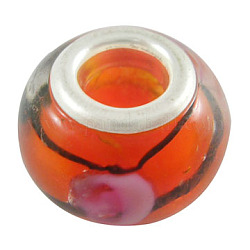 Handmade Lampwork European Beads, Large Hole Beads, with Silver Plated Brass Core, Rondelle, Orange, about 14mm wide, 11mm long, hole: 5mm