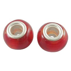 Handmade European Beads, Silver Foil Glass, Silver Color Brass Core, Rondelle, Red, about 14mm wide, 11mm long, hole: 5mm