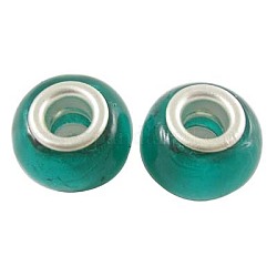 Handmade European Beads, Silver Foil Glass, Silver Color Brass Core, Rondelle, Oceanblue, about 14mm wide, 11mm long, hole: 5mm
