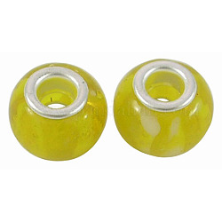Handmade Lampwork European Beads, Large Hole Beads, with Silver Color Brass Core, Rondelle, Yellow, about 14mm wide, 11mm long, hole: 5mm