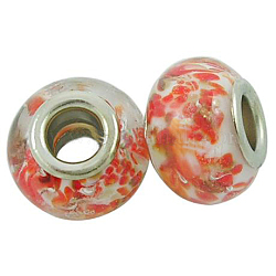 Handmade Lampwork European Beads, Large Hole Beads, Gold Sand, with Platinum Color Brass Core, Rondelle, Orange Red, about 14mm wide, 10mm long, hole: 5mm
