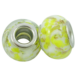 Handmade Lampwork European Beads, Large Hole Beads, Gold Sand, with Platinum Color Brass Core, Rondelle, Green Yellow, about 14mm wide, 10mm long, hole: 5mm