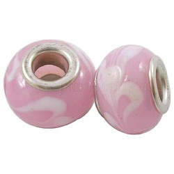 Handmade Lampwork European Beads, Large Hole Beads, with Silver Color Brass Core, Rondelle, Pink, about 13mm wide, 9mm long, hole: 4mm