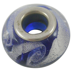 Handmade Silver Foil Glass Beads, Silver Color Brass Core, Rondelle, Blue, about 15mm in diameter, hole: 5mm
