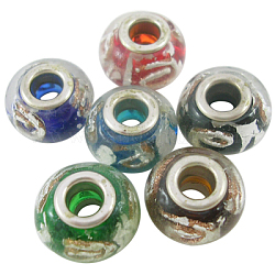 Handmade Silver Foil Glass Beads, with Gold Sand inside, Mixed Color, Rondelle, Silver Color Brass Core, about 15mm in diameter, hole: 5mm