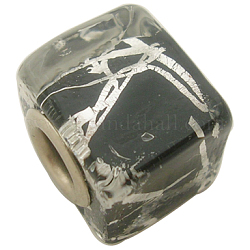Handmade European Beads, Silver Foil Glass, Silver Color Brass Core, Square, Black, about 13mm wide, 13mm long, 13mm thick, hole: 5mm
