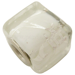 Handmade European Beads, Silver Foil Glass, Silver Color Brass Core, Square, White, about 13mm wide, 13mm long, 13mm thick, hole: 5mm