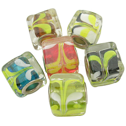 Handmade Lampwork European Beads, with Silver Color Brass Core, Cube, Cube, Mixed Color, about 13mm wide, 13mm long, 13mm thick, hole: 5mm