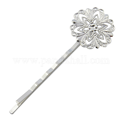 Iron Hair Bobby Pin Findings, with Brass Flower Tray, Silver Color Plated, Tray: 21x21mm, 63x21mm