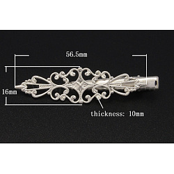 Iron Flat Alligator Hair Clip Findings, with Brass Tray, Silver Color Plated, 56.5x16x10mm