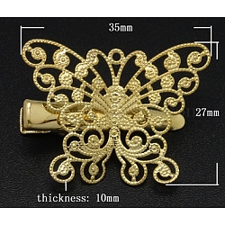 Iron Flat Alligator Hair Clip Findings, with Brass Butterfly Tray, Golden, Size: about 27mm wide, 35mm long, 10mm thick