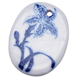 Handmade Porcelain Pendants, Blue and White Style, with Applique, Oval, Blue, 49x38x5mm, Hole: 3mm