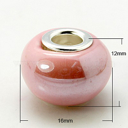 Handmade Porcelain European Beads, Large Hole Beads, with Nickel Color Brass Double Cores, Rondelle, Salmon, 16x12mm, Hole: 5mm