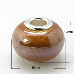 Handmade Porcelain European Beads, Large Hole Beads, with Nickel Color Brass Double Cores, Rondelle, Peru, 16x12mm, Hole: 5mm