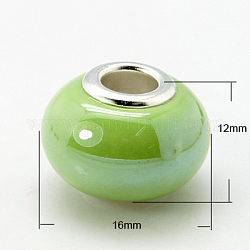 Handmade Porcelain European Beads, Large Hole Beads, with Nickel Color Brass Double Cores, Rondelle, Yellow Green, 16x12mm, Hole: 5mm