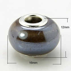 Perles européennes en porcelaine manuelles, Perles avec un grand trou   , avec couleur nickel doubles noyaux de cuivre, rondelle, brun coco, 16x12mm, Trou: 5mm