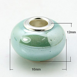 Handmade Porcelain European Beads, Large Hole Beads, with Nickel Color Brass Double Cores, Rondelle, Dark Sea Green, 16x12mm, Hole: 5mm