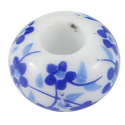 Perles européennes en porcelaine manuelles, Perles avec un grand trou   , pas de noyau métallique, rondelle, bleu royal, taille: environ 15mm de diamètre, épaisseur de 9mm, Trou: 6mm