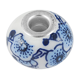 Handmade Porcelain European Beads, Large Hole Beads, with Platinum Color Brass Core, Rondelle, Steel Blue, Size: about 15mm in diameter, 9mm thick, hole: 5mm