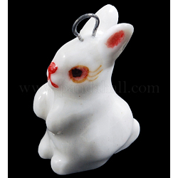 Handmade Porcelain Pendants, Famille Rose Porcelain, Rabbit, White, Size: about 21mm long, 14mm wide, 12mm thick, hole: 3mm