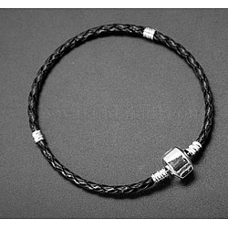 Imitation Leather European Style Bracelets, with Brass Magnets Clasp, for Large Hole Beads, Silver Color, Size: about 20cm long (including the length of lock), 3mm thick, stopper: 4.2mm thick
