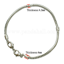 Bracelets de style européen en laiton , avec fermoir mousqueton en laiton, couleur platine, environ 3 mm d'épaisseur, 17 cm de long, (Sauf la longueur du fermoir)