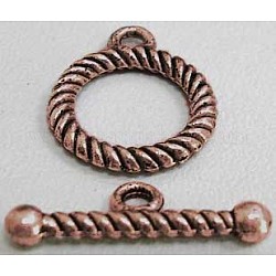 Tibetan Style Alloy Toggle Clasps, Cadmium Free & Nickel Free & Lead Free, Red Copper, Ring: 13x16mm, Bar :6x18mm, Hole: 2mm.