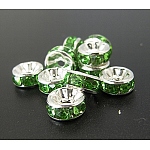 Perline distanziatori strass in ottone, grado a, colore argento placcato, rondelle, verde chiaro, misura:circa8mm di diametro, 3.5 mm di spessore, Foro: 2 mm