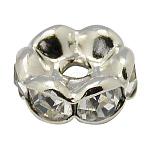 Abalorios de latón Diamante de imitación espaciador, Grado A, borde ondulado, color del metal platino, rerondana plana, cristal, 10x4mm, agujero: 2 mm