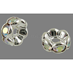Perles séparateurs en laiton avec strass, grade AAA, bord ondulé, sans nickel, couleur argentée, rondelle, cristal ab, 8x3.8mm, Trou: 1.5mm