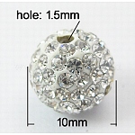 Ближний Восток шариков Rhinestone, с полимерной глиной, круглый Pave дискотечный шар бисер, белые, PP13 (1.9~2 мм), 10 мм, отверстие : 1.5 мм
