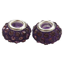 Grade A Rhinestone European Beads, Large Hole Beads, Resin, Silver Color Brass Core, Rondelle, Light Amethyst, 14x9mm, Hole: 5mm