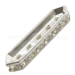 Brass Rhinestone Bridge Spacers, Grade A, Hexagon, Silver Color Plated, Size: about 9mm wide, 35mm long, 4.5mm thick, hole: 1.7mm
