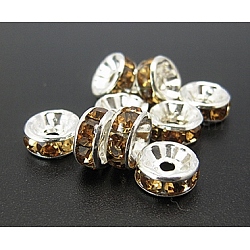 Perline distanziatori strass in ottone, grado a, colore argento placcato, rondelle, caffè, misura:circa8mm di diametro, 3.5 mm di spessore, Foro: 2 mm