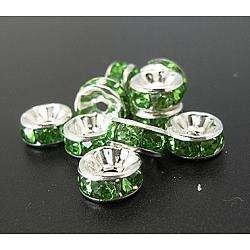 Perles séparateurs en laiton avec strass, Grade a, couleur argentée, rondelle, vert pale, taille: environ 8mm de diamètre, épaisseur de 3.5mm, Trou: 2mm
