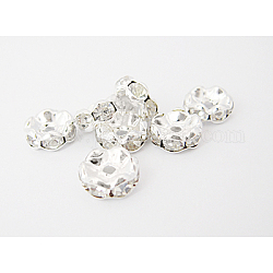 Abalorios de latón Diamante de imitación espaciador, Grado A, ondas de borde, rerondana plana, color plateado, Claro, tamaño: aproximamente 7 mm de diámetro, 3.5 mm de espesor, agujero: 1.5 mm