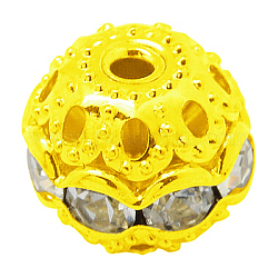Messing Legierung Strass Perlen, Klasse A, Goldene Metall Farbe, Runde, Kristall, 10 mm in Durchmesser, Bohrung: 1.2 mm