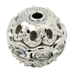 Messing Legierung Strass Perlen, Klasse A, Platin Farbe, Runde, Kristall, 10 mm in Durchmesser, Bohrung: 1.2 mm