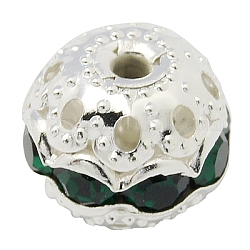 Messing Legierung Strass Perlen, Klasse A, silberfarben plattiert, Runde, Smaragd, 10 mm, Bohrung: 1.2 mm