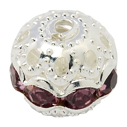 Abalorios de Diamante de imitación de latón, Grado A, color plateado, redondo, amatista luz, 10mm, agujero: 1.2 mm