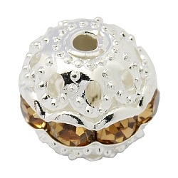 Perles en laiton de strass, Grade a, couleur argentée, ronde, Light Colorado Topaz, 10mm, Trou: 1.2mm