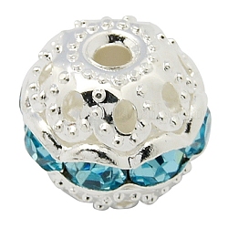 Brass Rhinestone Beads, Grade A, Silver Color Plated, Round, Aquamarine, 12mm in diameter, Hole: 1.5mm