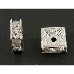 Abalorios de latón Diamante de imitación espaciador, Grado A, sin níquel, color plateado, cuadrado, cristal, 10x10mm, agujero: 2 mm