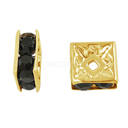 Abalorios de latón Diamante de imitación espaciador, Grado A, color metal dorado, cuadrado, jet, 6x6x3mm, agujero: 1 mm