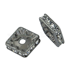 Abalorios de latón Diamante de imitación espaciador, Grado A, gunmetal, cuadrado, cristal, 7x7x3mm, agujero: 1 mm