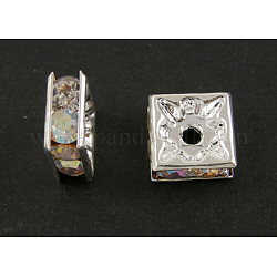 Abalorios de latón Diamante de imitación espaciador, Grado A, color plateado, cuadrado, crystal ab, 7x7x3mm, agujero: 1 mm