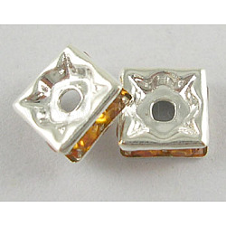 Perline distanziatori strass in ottone, grado a, nichel libero, colore argento placcato, quadrato, topazio, 8x8x4mm, Foro: 1 mm