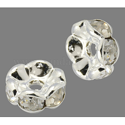 Abalorios de latón Diamante de imitación espaciador, Grado A, borde ondulado, color plateado, rerondana plana, cristal, 12x4mm, agujero: 2.5 mm