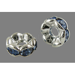 Perles séparateurs en laiton avec strass, Grade a, bord ondulé, couleur argentée, rondelle, saphir clair, 12x4mm, Trou: 2.5mm