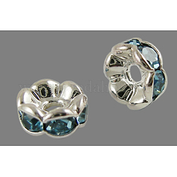 Abalorios de latón Diamante de imitación espaciador, aaa grado, borde ondulado, sin níquel, color plateado, rerondana plana, aguamarina, 5x2.5mm, agujero: 1 mm
